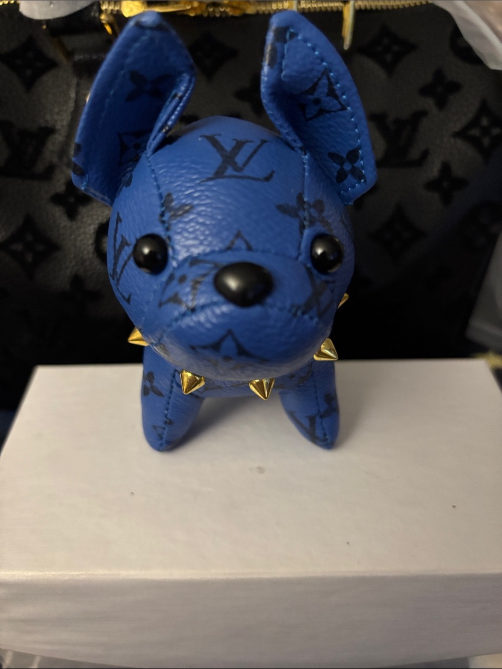 Brand New !  Blue Monogram Leather Dog Bag Charm with Gold Spikes